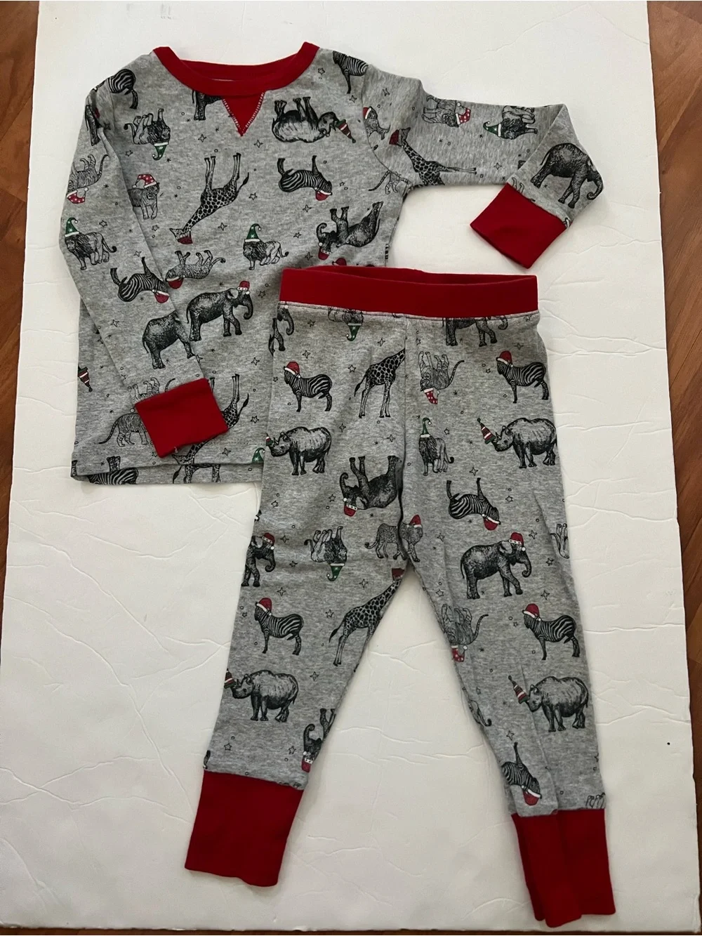3T Grey Pajama Set with Red Trim and Animal Print